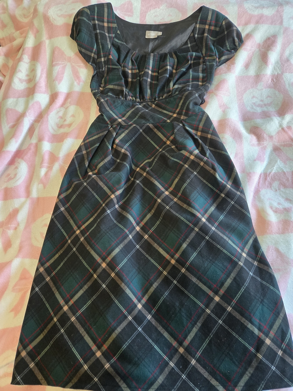 eshakti Dark Green Plaid Midi Dress with Cap Sleeves